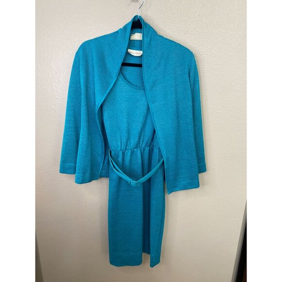 VTG Susan Howard California Dress Jacket Set Belted Mid Length Women Turquoise - Picture 2 of 7